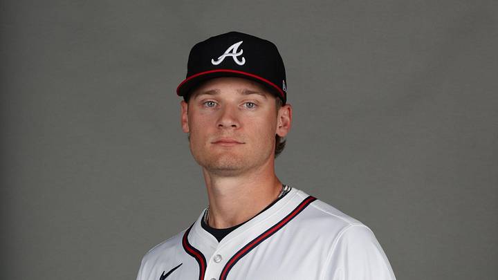 Feb 20, 2026; North Port FL, USA;  Atlanta Braves pitcher AJ Smith-Shawver (32) poses for a photo during media day at CoolToday Park. Mandatory Credit: Kim Klement Neitzel-Imagn Images