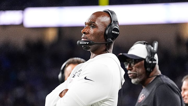 Houston Texans head coach DeMeco Ryans watches a play against Detroit Lions during the second half at Ford Field in Detroit on Saturday, August 23, 2025.