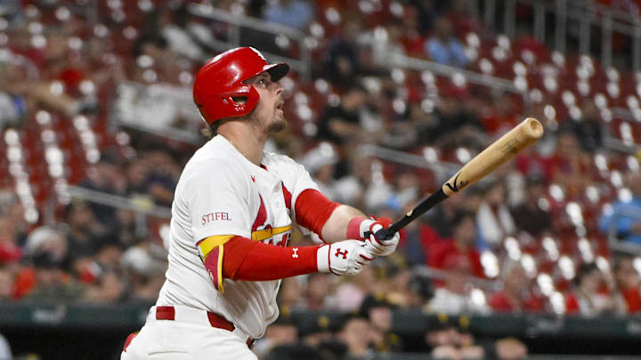 Aug 26, 2025; St. Louis, Missouri, USA; St. Louis Cardinals third baseman Nolan Gorman (16) hits a two run home run against the Pittsburgh Pirates during the fourth inning at Busch Stadium. Mandatory Credit: Jeff Curry-Imagn Images