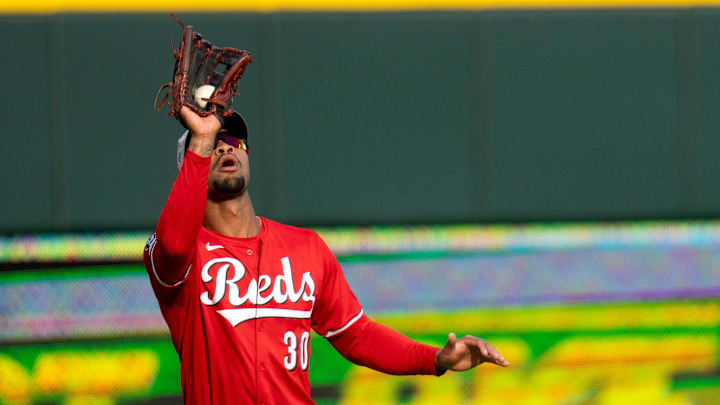 Cincinnati Reds right fielder Will Benson (30) catches a fly ball in the first inning of the MLB game between Cincinnati Reds and Cleveland Guardians at Great American Ball Park in Cincinnati on Saturday, May 17, 2025.