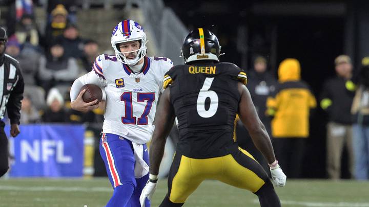 Buffalo Bills quarterback Josh Allen (17) scrambles as Pittsburgh Steelers linebacker Patrick Queen (6) defends during the second quarter at Acrisure Stadium. Buffalo Bills quarterback Josh Allen (17) scrambles as Pittsburgh Steelers linebacker Patrick Queen (6) defends during the second quarter at Acrisure Stadium.