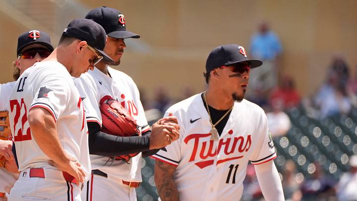 Minnesota Twins shortstop Brooks Lee (22) and starting pitcher Taj Bradley (26) and first baseman Orlando Arcia (11) Credit: Bruce Kluckhohn-Imagn Images Minnesota Twins shortstop Brooks Lee (22) and starting pitcher Taj Bradley (26) and first baseman Orlando Arcia (11) Credit: Bruce Kluckhohn-Imagn Images