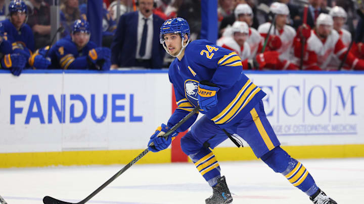 Dec 9, 2024; Buffalo, New York, USA;  Buffalo Sabres center Dylan Cozens (24) looks to make a pass during the second period against the Detroit Red Wings at KeyBank Center. Mandatory Credit: Timothy T. Ludwig-Imagn Images