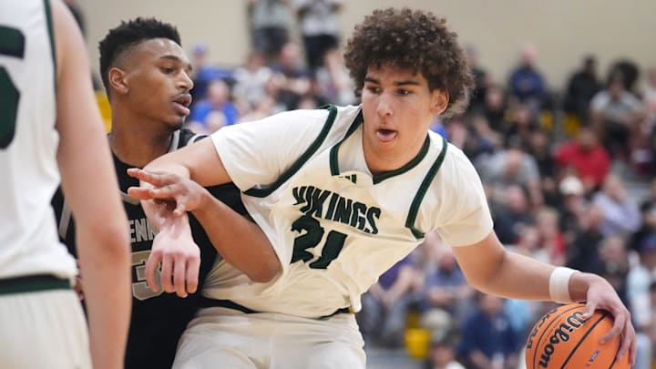 Millennium Tigers guard Cameron Holmes (3) defends Sunnyslope Vikings Darius Wabbington (21) during their Open Division boys basketball state semifinals game at Chaparral High School in Phoenix on March 5, 2025.