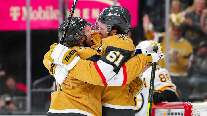 Oct 16, 2025; Las Vegas, Nevada, USA; Vegas Golden Knights center William Karlsson (71) celebrates with Vegas Golden Knights right wing Mark Stone (61) after scoring a short handed goal against the Boston Bruins during the second period at T-Mobile Arena. Mandatory Credit: Stephen R. Sylvanie-Imagn Images