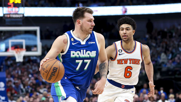 Dec 27, 2022; Dallas, Texas, USA;  Dallas Mavericks guard Luka Doncic (77) drives to the basket past New York Knicks guard Quentin Grimes (6) during the second half at American Airlines Center. Mandatory Credit: Kevin Jairaj-Imagn Images