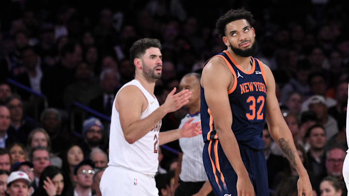 Oct 28, 2024; New York, New York, USA; New York Knicks center Karl-Anthony Towns (32) reacts during the second half against the Cleveland Cavaliers at Madison Square Garden. Mandatory Credit: John Jones-Imagn Images