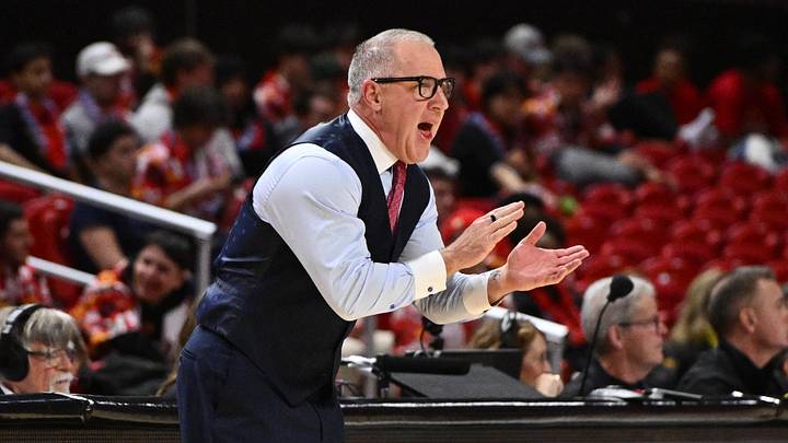 Feb 11, 2026; College Park, Maryland, USA; Maryland Terrapins head coach Buzz Williams encourages his team in the first half against the Iowa Hawkeyes at Xfinity Center.