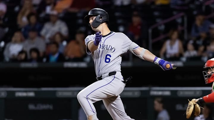 Nov 9, 2025; Mesa, AZ, USA; Colorado Rockies infielder Charlie Condon during the Arizona Fall League Fall Stars Game at Sloan Park. Mandatory Credit: Mark J. Rebilas-Imagn Images