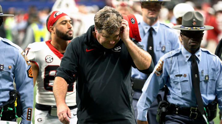Georgia coach Kirby Smart reacts after losing the SEC Championship game against Alabama at Mercedes-Benz Stadium in Atlanta, on Saturday, Dec. 2, 2023. Alabama won 27-24. Georgia coach Kirby Smart reacts after losing the SEC Championship game against Alabama at Mercedes-Benz Stadium in Atlanta, on Saturday, Dec. 2, 2023. Alabama won 27-24.