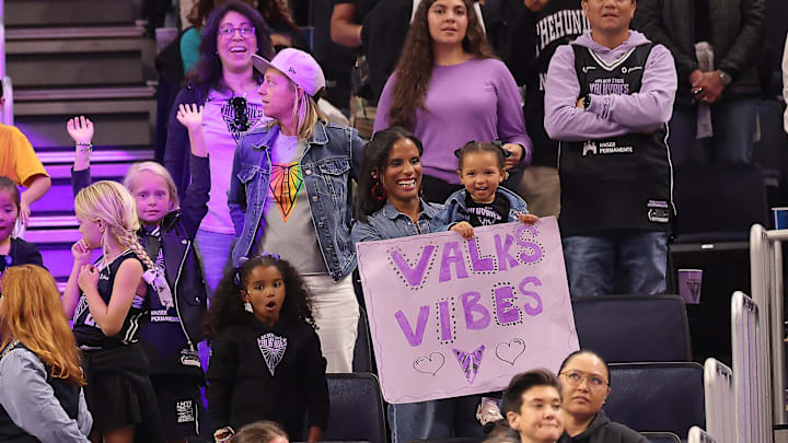 Golden State Valkyries fans hold a sign “Valks vibes” during the fourth quarter against the Phoenix Mercury at Chase Center. Golden State Valkyries fans hold a sign “Valks vibes” during the fourth quarter against the Phoenix Mercury at Chase Center.