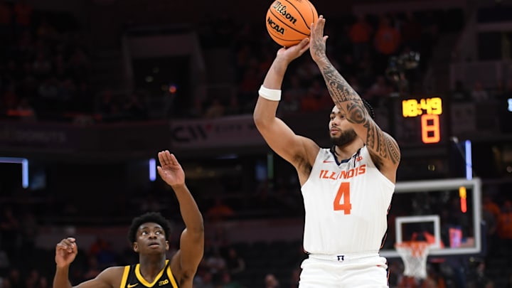 Mar 13, 2025; Indianapolis, IN, USA; Illinois Fighting Illini guard Kylan Boswell (4) shoots over Iowa Hawkeyes guard Drew Thelwell (3) during the first half at Gainbridge Fieldhouse. Mandatory Credit: Robert Goddin-Imagn Images Mar 13, 2025; Indianapolis, IN, USA; Illinois Fighting Illini guard Kylan Boswell (4) shoots over Iowa Hawkeyes guard Drew Thelwell (3) during the first half at Gainbridge Fieldhouse. Mandatory Credit: Robert Goddin-Imagn Images