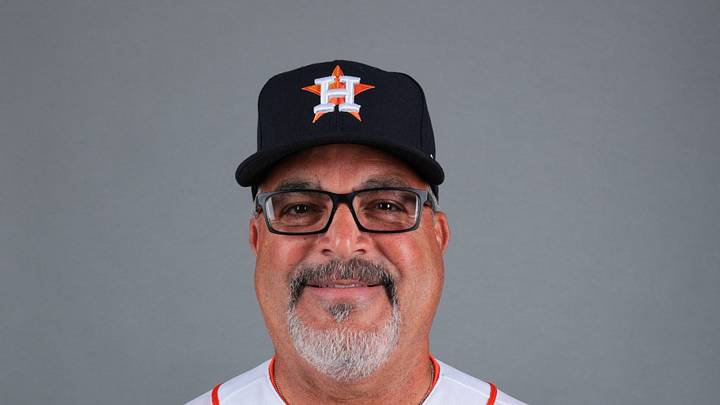 Feb 18, 2026; West Palm Beach, FL, USA; Houston Astros hitting coach Victor Rodriguez (47) poses for a photo during media day at CACTI Park of the Palm Beaches.  Mandatory Credit: Sam Navarro-Imagn Images