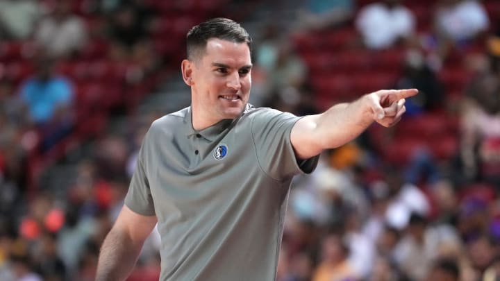 Jul 8, 2022; Las Vegas, Nevada, USA; Dallas Mavericks Summer League head coach Greg St. Jean is pictured on the bench against the Chicago Bulls during an NBA Summer League game at T&M. Mandatory Credit: Stephen R. Sylvanie-USA TODAY Sports