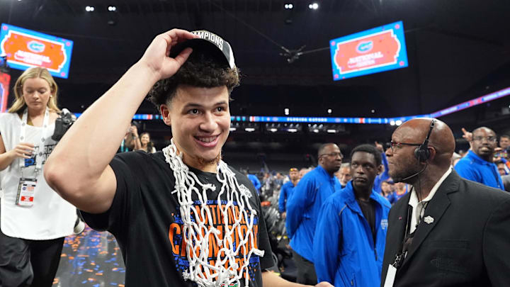 Apr 7, 2025; San Antonio, TX, USA; Florida Gators guard Walter Clayton Jr. (1) celebrates after winning the national championship game of the Final Four of the 2025 NCAA Tournament at the Alamodome. Mandatory Credit: Bob Donnan-Imagn Images
