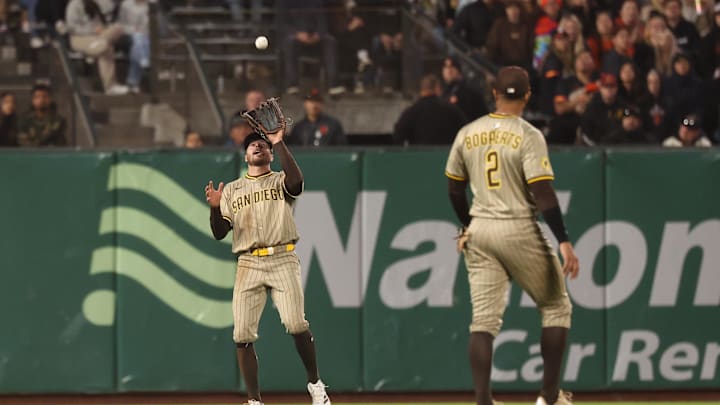 Jun 3, 2025; San Francisco, California, USA; San Diego Padres left fielder Brandon Lockridge (28) catches the ball against the San Francisco Giants during the ninth inning at Oracle Park. Mandatory Credit: Kelley L Cox-Imagn Images Jun 3, 2025; San Francisco, California, USA; San Diego Padres left fielder Brandon Lockridge (28) catches the ball against the San Francisco Giants during the ninth inning at Oracle Park. Mandatory Credit: Kelley L Cox-Imagn Images