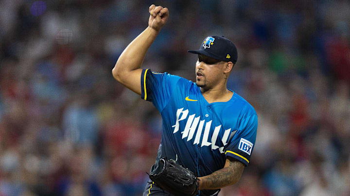 Aug 1, 2025; Philadelphia, Pennsylvania, USA; Philadelphia Phillies pitcher Jhoan Duran (59) throws a pitch during the ninth inning against the Detroit Tigers at Citizens Bank Park. Mandatory Credit: Bill Streicher-Imagn Images