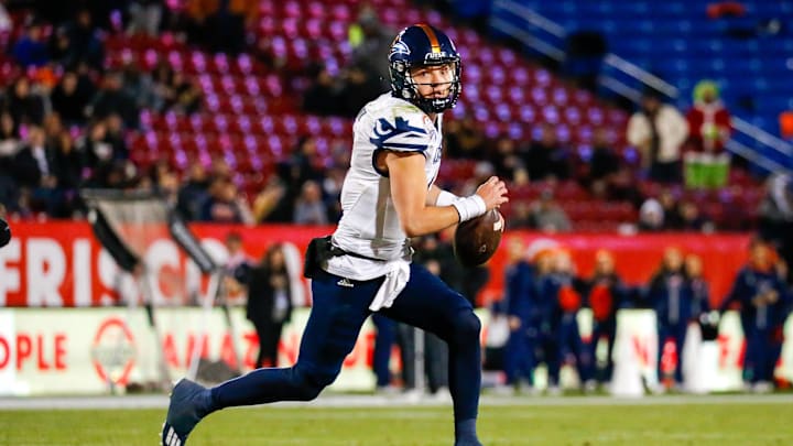 Dec 19, 2023; Frisco, TX, USA; UTSA Roadrunners quarterback Owen McCown (13) during the second quarter against the Marshall Thundering Herd at Toyota Stadium. Mandatory Credit: Andrew Dieb-Imagn Images