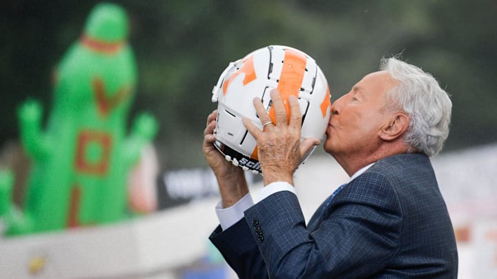 Lee Corso kisses a Tennessee Volunteers football helmet on the set of the ESPN College GameDay stage outside of Ayres Hall on the University of Tennessee campus in Knoxville, Tenn. on Saturday, Sept. 24, 2022. The flagship ESPN college football pregame show returned for the tenth time to Knoxville as the No. 12 Vols hosted the No. 22 Gators.

Kns Espn College Gameday

Syndication The Knoxville News Sentinel