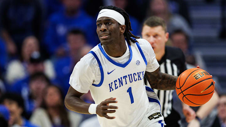 Feb 4, 2026; Lexington, Kentucky, USA; Kentucky Wildcats guard Denzel Aberdeen (1) brings the ball up court during the second half against the Oklahoma Sooners at Rupp Arena at Central Bank Center. Mandatory Credit: Jordan Prather-Imagn Images