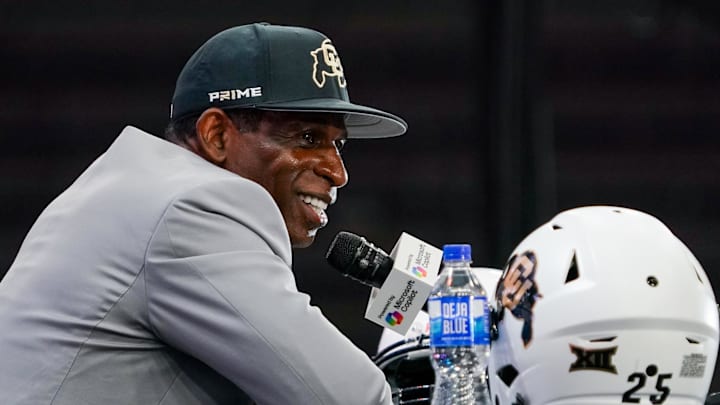 Jul 9, 2025; Frisco, TX, USA; Colorado head coach Deion Sanders speaks with the media during 2025 Big 12 Football Media Days at The Star. Mandatory Credit: Raymond Carlin III-Imagn Images