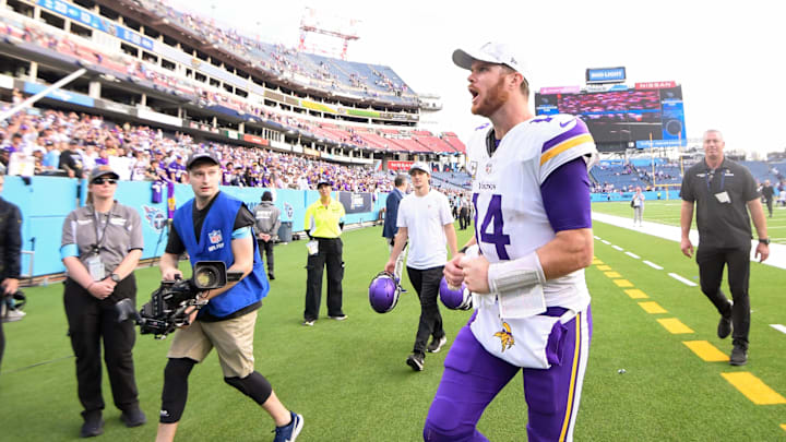 Nov 17, 2024; Nashville, Tennessee, USA; Minnesota Vikings quarterback Sam Darnold (14) screams to the crowd as he leaves the field against the Tennessee Titans during the second half at Nissan Stadium. Mandatory Credit: Steve Roberts-Imagn Images