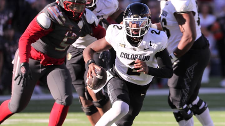 Colorado's Shedeur Sanders scrambles against Texas Tech in a Big 12 football game Saturday, Nov. 9, 2024, at Jones AT&T Stadium.