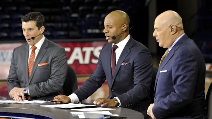 ESPN College GameDay hosts Rece Davis, Williams and Seth Greenberg before a game. 