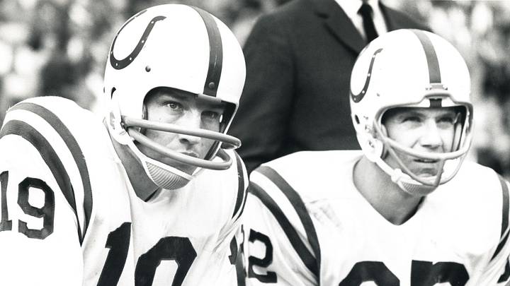 Nov 11, 1962; Los Angeles, CA, USA; FILE PHOTO; Baltimore Colts quarterback Johnny Unitas (19) and receiver Raymond Berry (82) on the bench against the Los Angeles Rams at the Los Angeles Coliseum. Nov 11, 1962; Los Angeles, CA, USA; FILE PHOTO; Baltimore Colts quarterback Johnny Unitas (19) and receiver Raymond Berry (82) on the bench against the Los Angeles Rams at the Los Angeles Coliseum.
