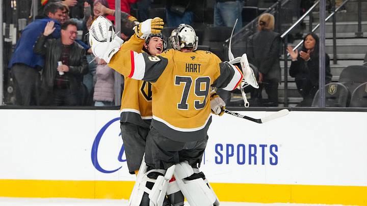Dec 2, 2025; Las Vegas, Nevada, USA; Vegas Golden Knights goaltender Carter Hart (79) celebrates with Vegas Golden Knights right wing Mitch Marner (93) after the Golden Knights defeated the Chicago Blackhawks 4-3 in a shoot out at T-Mobile Arena. Mandatory Credit: Stephen R. Sylvanie-Imagn Images Dec 2, 2025; Las Vegas, Nevada, USA; Vegas Golden Knights goaltender Carter Hart (79) celebrates with Vegas Golden Knights right wing Mitch Marner (93) after the Golden Knights defeated the Chicago Blackhawks 4-3 in a shoot out at T-Mobile Arena. Mandatory Credit: Stephen R. Sylvanie-Imagn Images