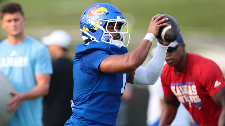 Kansas junior running back Dylan Edwards (1) makes a catch during fall camp practice on Aug. 4, 2026.