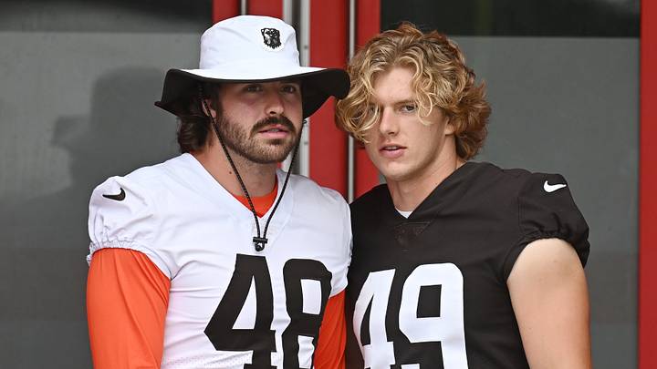 Jun 11, 2026; Berea, OH, USA; Cleveland Browns tight end Carsen Ryan (48) and linebacker Carson Schwesinger (49) enter the field during minicamp at CrossCountry Mortgage Campus. Mandatory Credit: Ken Blaze-Imagn Images Jun 11, 2026; Berea, OH, USA; Cleveland Browns tight end Carsen Ryan (48) and linebacker Carson Schwesinger (49) enter the field during minicamp at CrossCountry Mortgage Campus. Mandatory Credit: Ken Blaze-Imagn Images