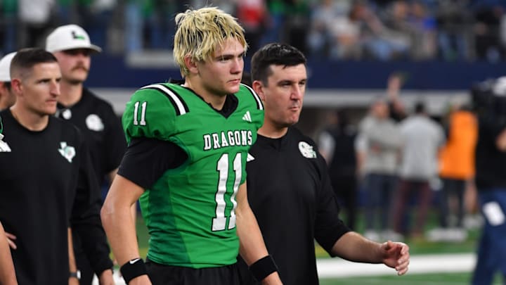 Southlake Carroll's Brock Boyd is emotional after the loss to Austin Vandegrift in the 6A DII UIL Texas State Football Championship game on Saturday, December 21, 2024 at AT&T Stadium in Arlington.