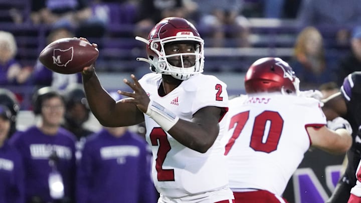 Sep 24, 2022; Evanston, Illinois, USA; Miami (Ohio) Redhawks quarterback Aveon Smith (2) looks to
