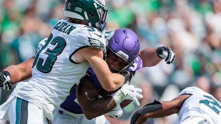 Aug 24, 2024; Philadelphia, Pennsylvania, USA; Minnesota Vikings running back DeWayne McBride (27) runs the ball against Philadelphia Eagles cornerback Josh Jobe (28) and cornerback Cooper DeJean (33) during the third quarter at Lincoln Financial Field. Mandatory Credit: Caean Couto-Imagn Images