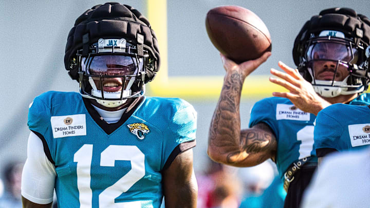 Jacksonville Jaguars wide receiver Travis Hunter (12) talks it up after hauling in a pass during an NFL training camp session ten at the Miller Electric Center, Tuesday, Aug. 5, 2025, in Jacksonville, Fla. [Doug Engle/Florida Times-Union]
