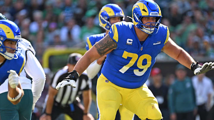 Sep 21, 2025; Philadelphia, Pennsylvania, USA; Los Angeles Rams offensive tackle Rob Havenstein (79) against the Philadelphia Eagles at Lincoln Financial Field. Mandatory Credit: Eric Hartline-Imagn Images