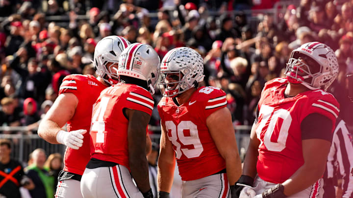 Ohio State Buckeyes wide receiver Jeremiah Smith (4) celebrates after scoring a touchdown in the second half at Ohio Stadium on Saturday, Nov. 1, 2025 in Columbus, Ohio.