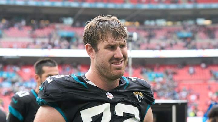 Oct 1, 2023; London, United Kingdom;  Jacksonville Jaguars offensive tackle Walker Little (72) at Wembley Stadium. 
