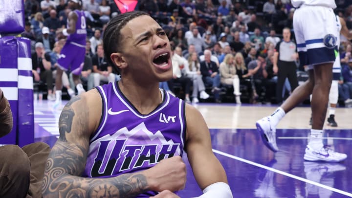 Mar 18, 2024; Salt Lake City, Utah, USA; Utah Jazz guard Keyonte George (3) reacts to a play against
