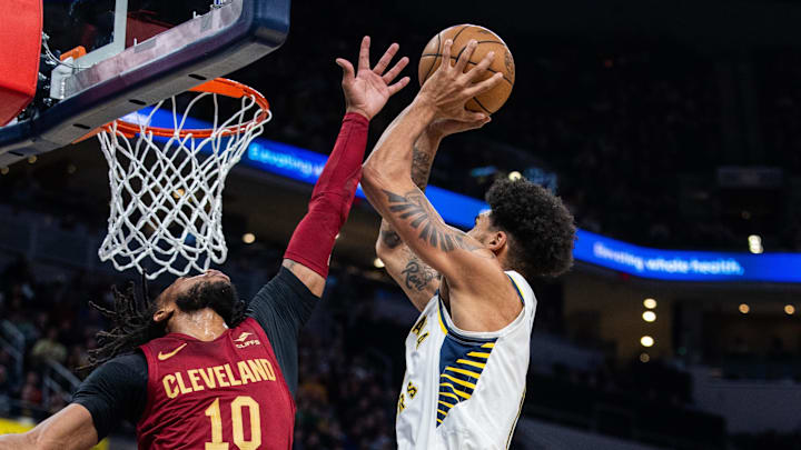 Mar 18, 2024; Indianapolis, Indiana, USA; Indiana Pacers forward Obi Toppin (1) shoots the ball