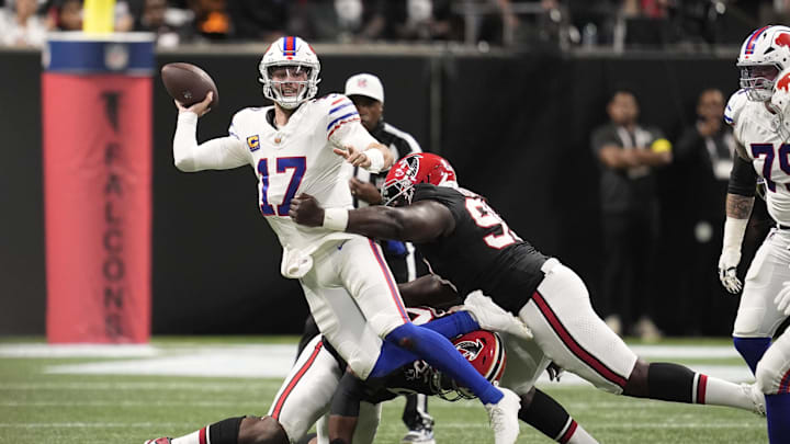 Oct 13, 2025; Atlanta, Georgia, USA; Atlanta Falcons defensive tackle David Onyemata (90) and defensive tackleSam Roberts (99) applie the pressure on Buffalo Bills quarterback Josh Allen (17) who is looking to show downfield during the second half of a game at Mercedes-Benz Stadium. Mandatory Credit: Dale Zanine-Imagn Images Oct 13, 2025; Atlanta, Georgia, USA; Atlanta Falcons defensive tackle David Onyemata (90) and defensive tackleSam Roberts (99) applie the pressure on Buffalo Bills quarterback Josh Allen (17) who is looking to show downfield during the second half of a game at Mercedes-Benz Stadium. Mandatory Credit: Dale Zanine-Imagn Images