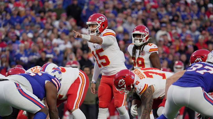 Kansas City Chiefs quarterback Patrick Mahomes points to the Bills defensive line up during first half action against the Kansas City Chiefs at Highmark Stadium in Orchard Park on Nov. 2, 2025. Kansas City Chiefs quarterback Patrick Mahomes points to the Bills defensive line up during first half action against the Kansas City Chiefs at Highmark Stadium in Orchard Park on Nov. 2, 2025.