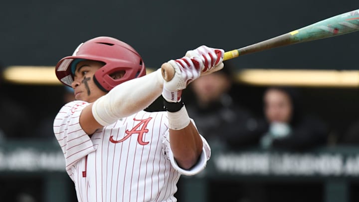 Feb 17, 2024; Tuscaloosa, Alabama, USA; Alabama batter Justin Lebron takes a swing at a pitch during the game with Manhattan at Sewell-Thomas Stadium Saturday.