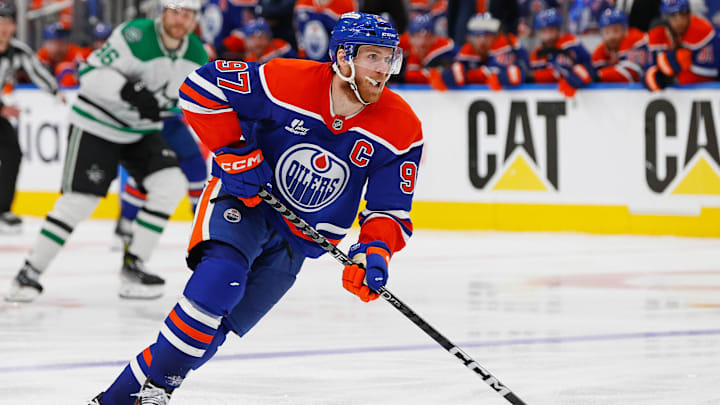 May 27, 2025; Edmonton, Alberta, CAN; Edmonton Oilers. forward Connor McDavid (97) carries the puck against the Dallas Stars in game four of the Western Conference Final of the 2025 Stanley Cup Playoffs at Rogers Place. Mandatory Credit: Perry Nelson-Imagn Images