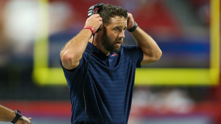 Sep 6, 2021; Atlanta, Georgia, USA; Mississippi Rebels special teams coordinator Coleman Hutzler on the sideline against the Louisville Cardinals in the second half at Mercedes-Benz Stadium. Mandatory Credit: Brett Davis-USA TODAY Sports Sep 6, 2021; Atlanta, Georgia, USA; Mississippi Rebels special teams coordinator Coleman Hutzler on the sideline against the Louisville Cardinals in the second half at Mercedes-Benz Stadium. Mandatory Credit: Brett Davis-USA TODAY Sports