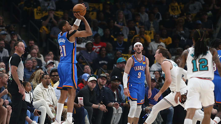 Apr 24, 2025; Memphis, Tennessee, USA; Oklahoma City Thunder guard Aaron Wiggins (21) shoots for three during the second quarter against the Memphis Grizzlies during game three for the first round of the 2024 NBA Playoffs at FedExForum. Mandatory Credit: Petre Thomas-Imagn Images Apr 24, 2025; Memphis, Tennessee, USA; Oklahoma City Thunder guard Aaron Wiggins (21) shoots for three during the second quarter against the Memphis Grizzlies during game three for the first round of the 2024 NBA Playoffs at FedExForum. Mandatory Credit: Petre Thomas-Imagn Images