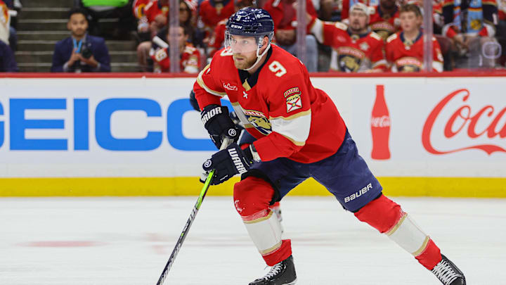 Apr 21, 2024; Sunrise, Florida, USA; Florida Panthers center Sam Bennett (9) moves the puck against