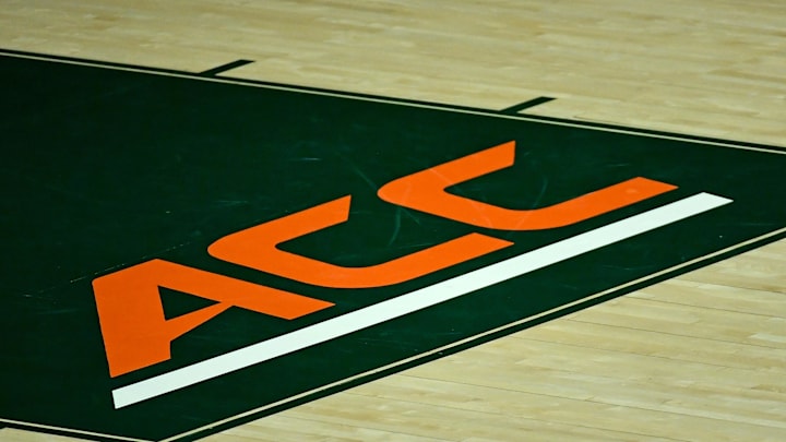 Nov 29, 2020; Coral Gables, Florida, USA; A general view of the ACC conference logo on the court prior to the game between the Miami Hurricanes and the North Florida Ospreys at Watsco Center. Mandatory Credit: Jasen Vinlove-Imagn Images