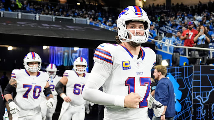 Josh Allen (17) takes the field for warm up before the game between Detroit Lions and Buffalo Bills.